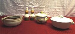 LIMITED EDITION ITALIAN TUREEN, CHEF SALT & PEPPER SHAKERS, COVERED CASSEROLE DISH & GLAZED BOWL