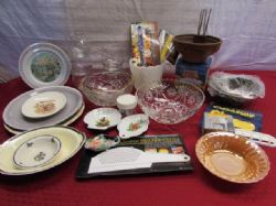 STAINLESS MIXING BOWLS, MILK GLASS DISH, DECORATIVE GLASSWARE  & PLATES, ELECTRIC JUICER & MORE