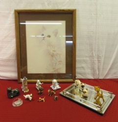 THE CATS MEOW - VINTAGE FIGURINES, MIRRORED STAND & FRAMED ART 