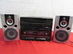 COMPACT STEREO AM/FM, DUAL CASSETTE, RECORD PLAYER WITH SPEAKERS
