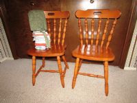 TWO MATCHING WOOD FARMSTYLE CHAIRS WITH HAND TOWELS 