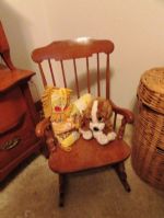 CUTE WOODEN CHILDS ROCKING CHAIR WITH VINTAGE PLUSH TOYS