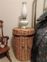 VINTAGE MILK GLASS HURRICANE STYLE LAMP & WICKER HAMPER WITH LID