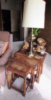 TRIO OF SOLID WOOD NESTING TABLES WITH BRASS LAMP & MORE 