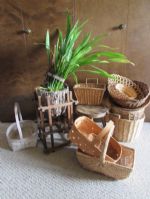 RUSTIC WOOD MILKING STOOL, NICE WICKER BASKETS & LIVE PLANT IN WOODEN STAND