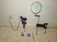 TWO TABLE VICES FOR FLY TYING, THREAD SPOOL & MAGNIFYING GLASS 