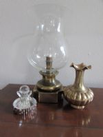 ROMANTIC BRASS & GLASS HURRICANE LAMP, BRASS VASE & MORE