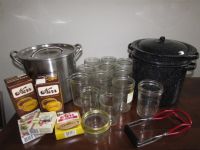 CANNING SUPPLIES!  ENAMELWARE HOT BATH, STAINLESS STEEL STOCK POT, JARS & . . . .