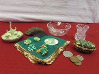 ANTIQUE HAND PAINTED SIGNED PORCELAIN RING TREE, EMBELLISHED HAIR COMB, IRISH COINS, KNICK KNACKS & MORE