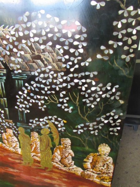 LARGE VINTAGE LACQUER & MOTHER OF PEARL PANELED ORIGINAL PAINTING 