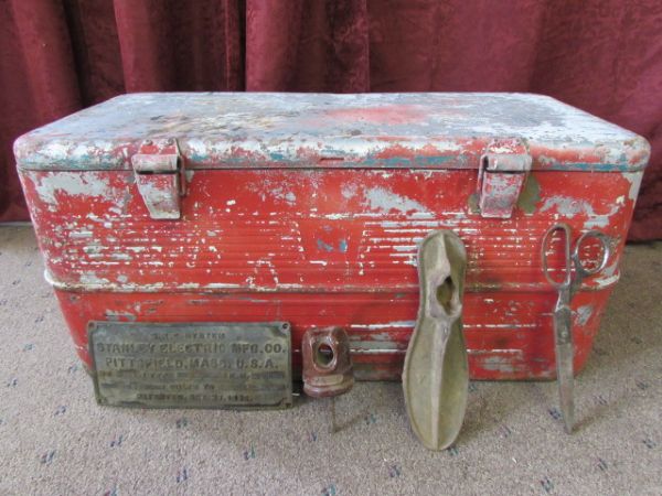 VINTAGE METAL ICE CHEST. STANLEY ELECTRIC PLAQUE, SHEARS & MORE