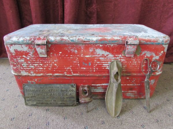 VINTAGE METAL ICE CHEST. STANLEY ELECTRIC PLAQUE, SHEARS & MORE