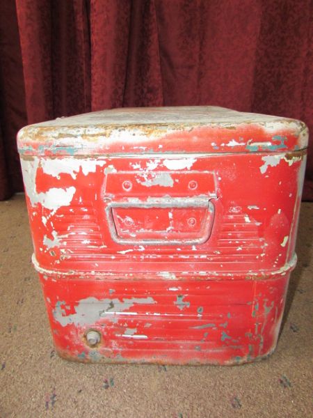 VINTAGE METAL ICE CHEST. STANLEY ELECTRIC PLAQUE, SHEARS & MORE