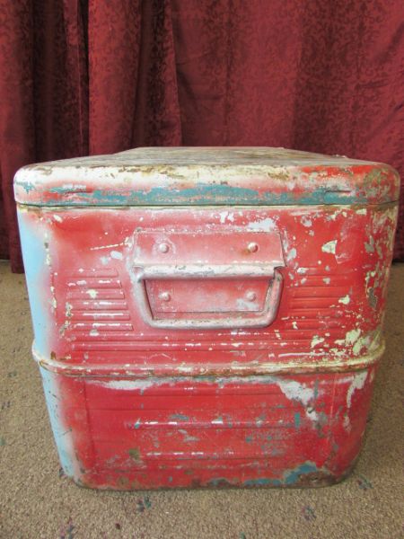 VINTAGE METAL ICE CHEST. STANLEY ELECTRIC PLAQUE, SHEARS & MORE