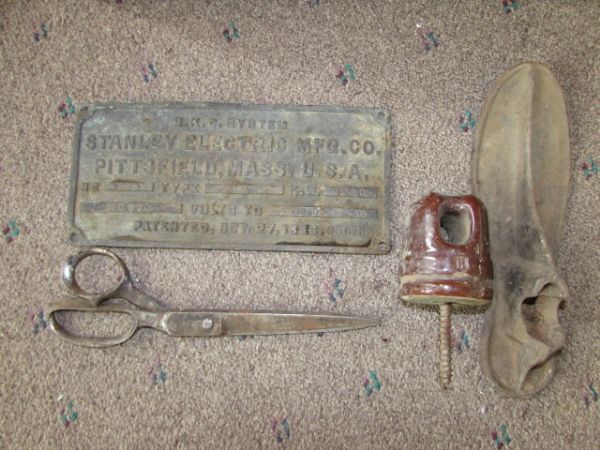 VINTAGE METAL ICE CHEST. STANLEY ELECTRIC PLAQUE, SHEARS & MORE