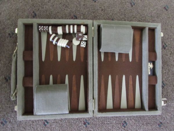 QUALITY MULTI GAME TRAVEL SET WITH CRIBBAGE, CHESS, ETC. & A BACKGAMMON SET
