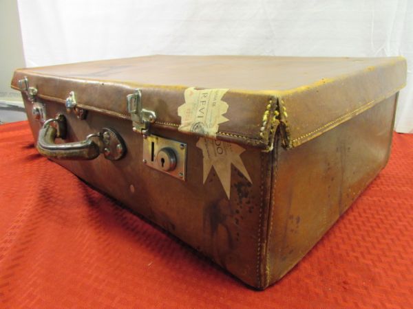 LARGE VINTAGE LEATHER SUITCASE WITH VINTAGE LINENS
