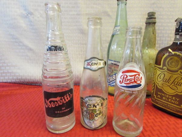 ANTIQUE/VINTAGE GLASS BOTTLES - LOTS OF LABLES INTACT - ACME BEER, WATKINS, MASON'S ROOTBEER, NESBITTS, & MORE