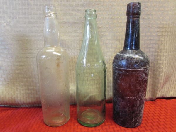 ANTIQUE/VINTAGE GLASS BOTTLES - LOTS OF LABLES INTACT - ACME BEER, WATKINS, MASON'S ROOTBEER, NESBITTS, & MORE