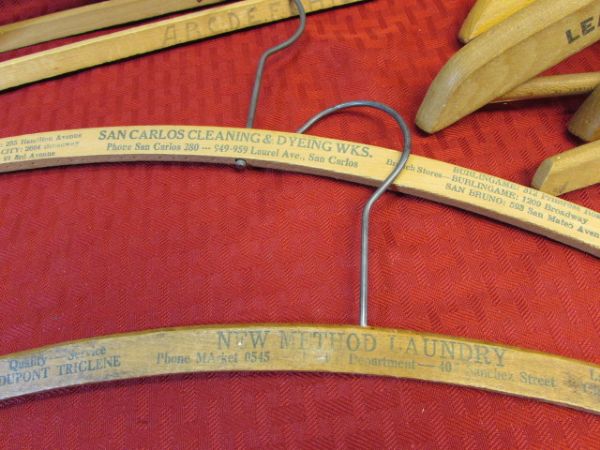 OVER 2 DOZEN ANTIQUE /VINTAGE WOODEN CLOTHES HANGERS - WITH BUSINESS ADVERTISEMENTS