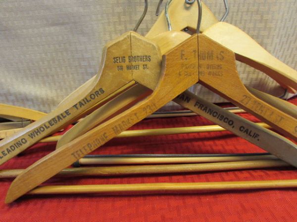 OVER 2 DOZEN ANTIQUE /VINTAGE WOODEN CLOTHES HANGERS - WITH BUSINESS ADVERTISEMENTS