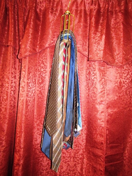 A TIE FOR EVERY OCCASION - TIE HANGER WITH OVER TWO DOZEN VINTAGE TIES - SILK & DESIGNER INCLUDED