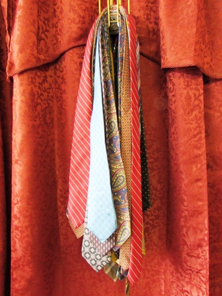 A TIE FOR EVERY OCCASION - TIE HANGER WITH OVER TWO DOZEN VINTAGE TIES - SILK & DESIGNER INCLUDED