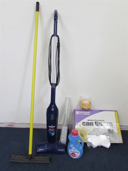 CLEAN HOUSE!  BISSELL 3 WAY BAGLESS VACUUM W/ FILTERS, DRYER VENT VAC ATTACHMENT, TRASH CAN LINERS, FABRIC SOFTENER & . . . . 
