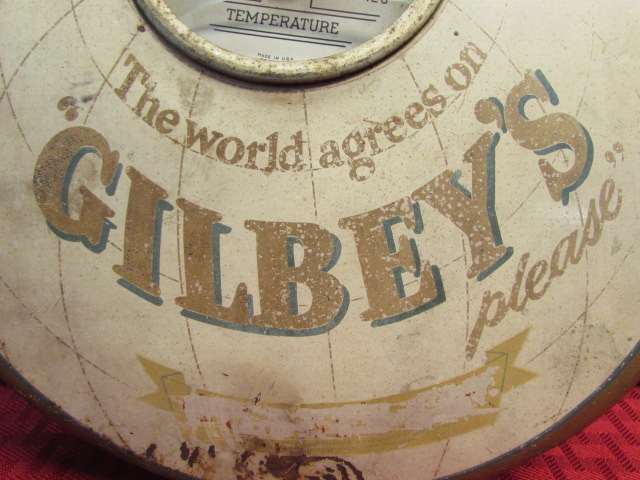 Vintage Gilbey's Gin Tin Over Cardboard Thermometer Sign