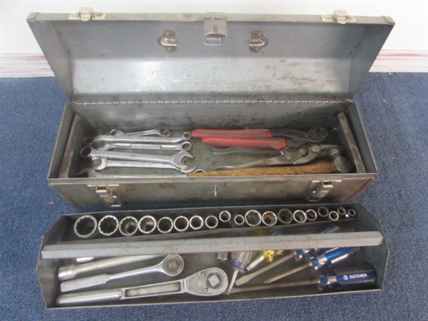 CRAFTSMAN TOOLBOX WITH SOCKETS, RATCHETS, WRENCHES VICE GRIPS, PLIERS & HAMMER