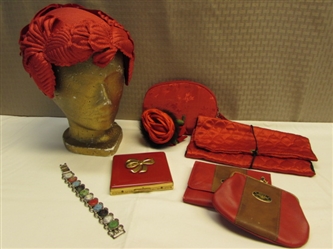 STUNNING VINTAGE RED! HAT, COMPACT, SATIN & MINK PIN, LEATHER WALLET & COIN PURSE, BRACELET & MORE