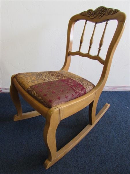 ANTIQUE CARVED MAPLE ROCKING CHAIR WITH UPHOLSTERED SEAT 