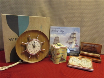 NAUTICAL TREASURES - NIB VINTAGE SHIPS WHEEL CLOCK & TRIP DIARY, 1960 CANISTER, SAILING BOOK & MORE