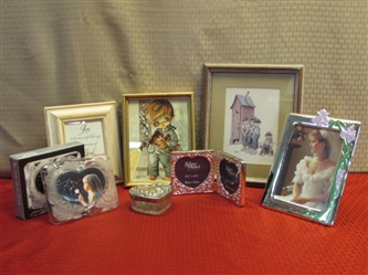 NIB VICTORIAN BOUQUETS SILVER PLATE PHOTO FRAME & KEEPSAKE BOX, FROSTED GLASS FRAME & MORE