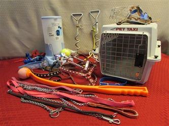 PET SUPPLIES - NICE PET TAXI, NEW PET FEEDER, TOYS, MANY COLLARS, HARNESSES, LEASHES, STAKES, CLIPPERS & . . . .