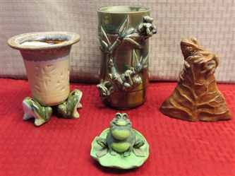 FABULOUS FROGS - TWO ADORABLE CERAMIC VASES, POTTERY TREE FROG & FROG ON LILY PAD FIGURINE