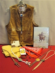 VINTAGE WESTERN - BOLO TIES W/PETRIFIED WOOD, AUTHENTIC BEADS & MORE, LEATHER VEST, COW HIDE WALLET, & MORE