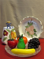 COLORFUL VINTAGE HAND BLOWN MURANO ART GLASS FRUIT, FROSTED GLASS PLATTER, PAINTED DECANTER & PIE PLATE