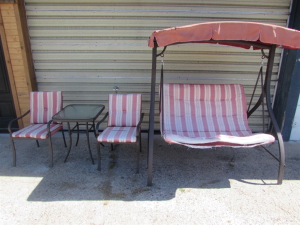 PATIO GLIDER SWING, PICNIC TABLE & TWO CHAIRS