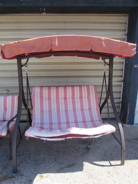 PATIO GLIDER SWING, PICNIC TABLE & TWO CHAIRS