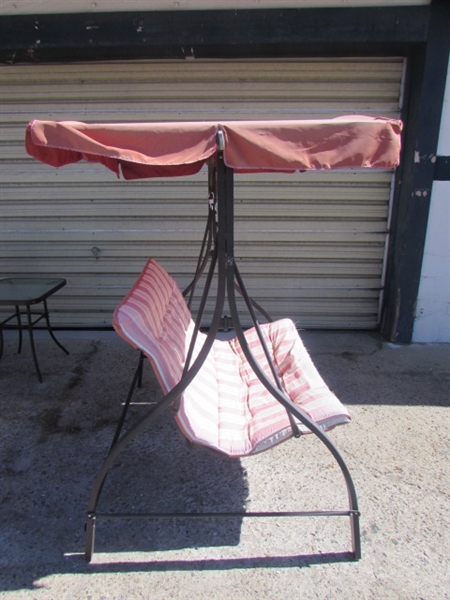 PATIO GLIDER SWING, PICNIC TABLE & TWO CHAIRS