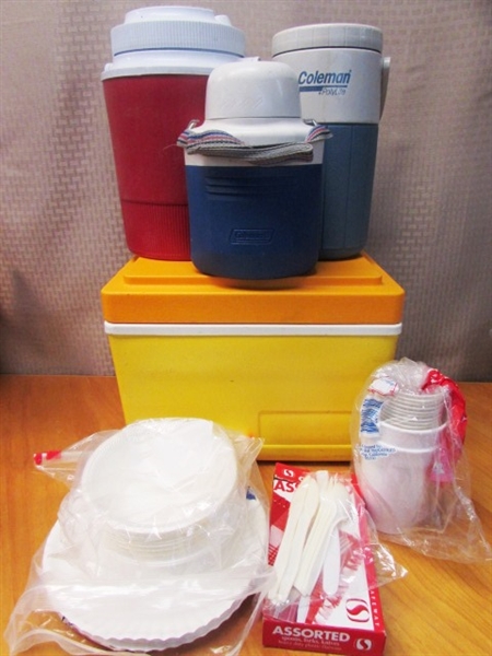 HAVE A PICNIC WITH THIS SMALL ICE CHEST, 3 WATER COOLERS & DISPOSABLE DISHWARE