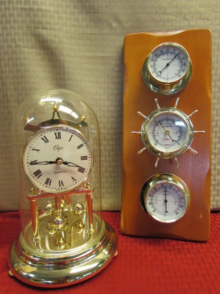 GOLD TONE ELGIN QUARTZ GLASS DOME PENDULUM CLOCK & WALL TEMP, BAROMETER, HUMIDITY GAUGE 