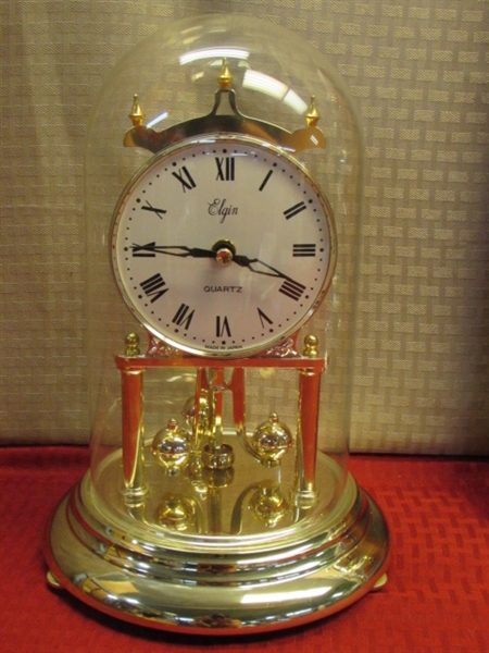 GOLD TONE ELGIN QUARTZ GLASS DOME PENDULUM CLOCK & WALL TEMP, BAROMETER, HUMIDITY GAUGE 