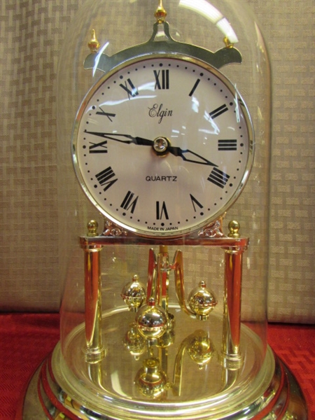 GOLD TONE ELGIN QUARTZ GLASS DOME PENDULUM CLOCK & WALL TEMP, BAROMETER, HUMIDITY GAUGE 