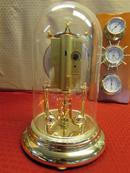 GOLD TONE ELGIN QUARTZ GLASS DOME PENDULUM CLOCK & WALL TEMP, BAROMETER, HUMIDITY GAUGE 