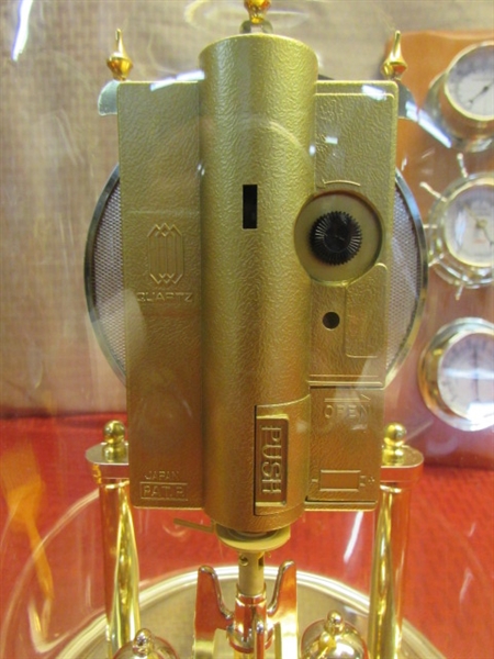 GOLD TONE ELGIN QUARTZ GLASS DOME PENDULUM CLOCK & WALL TEMP, BAROMETER, HUMIDITY GAUGE 