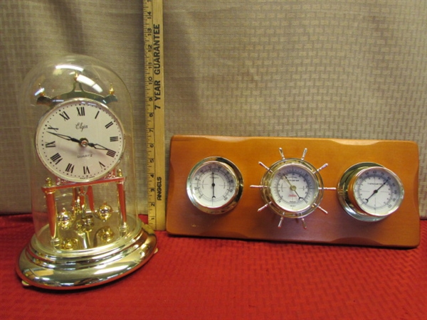 GOLD TONE ELGIN QUARTZ GLASS DOME PENDULUM CLOCK & WALL TEMP, BAROMETER, HUMIDITY GAUGE 