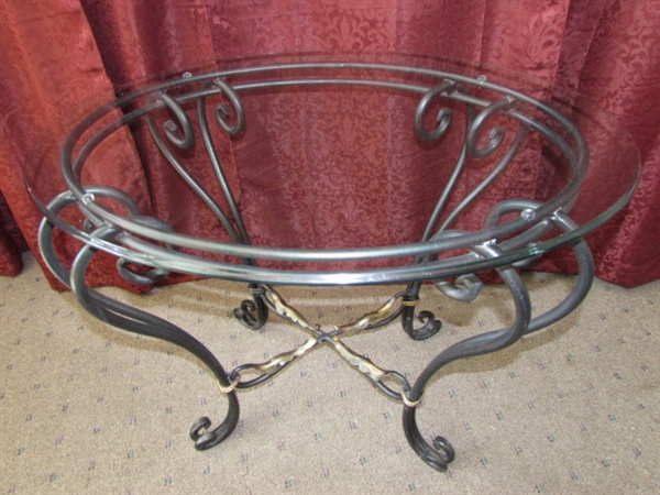 ELEGANT WROUGHT IRON END TABLE WITH BEVELED GLASS TOP