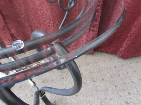 ELEGANT WROUGHT IRON END TABLE WITH BEVELED GLASS TOP